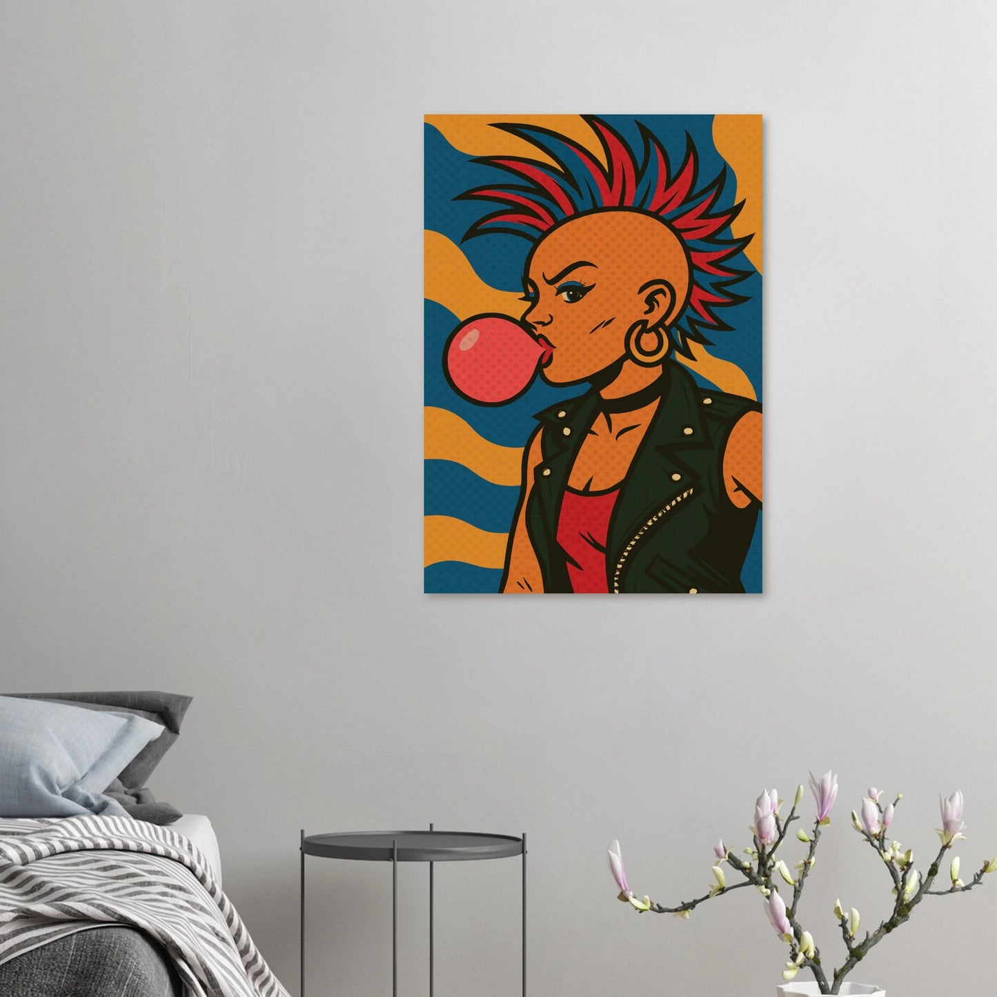 Colourful artwork of a person with spiky haired lady blowing a bubble gum bubble on a grey wall.