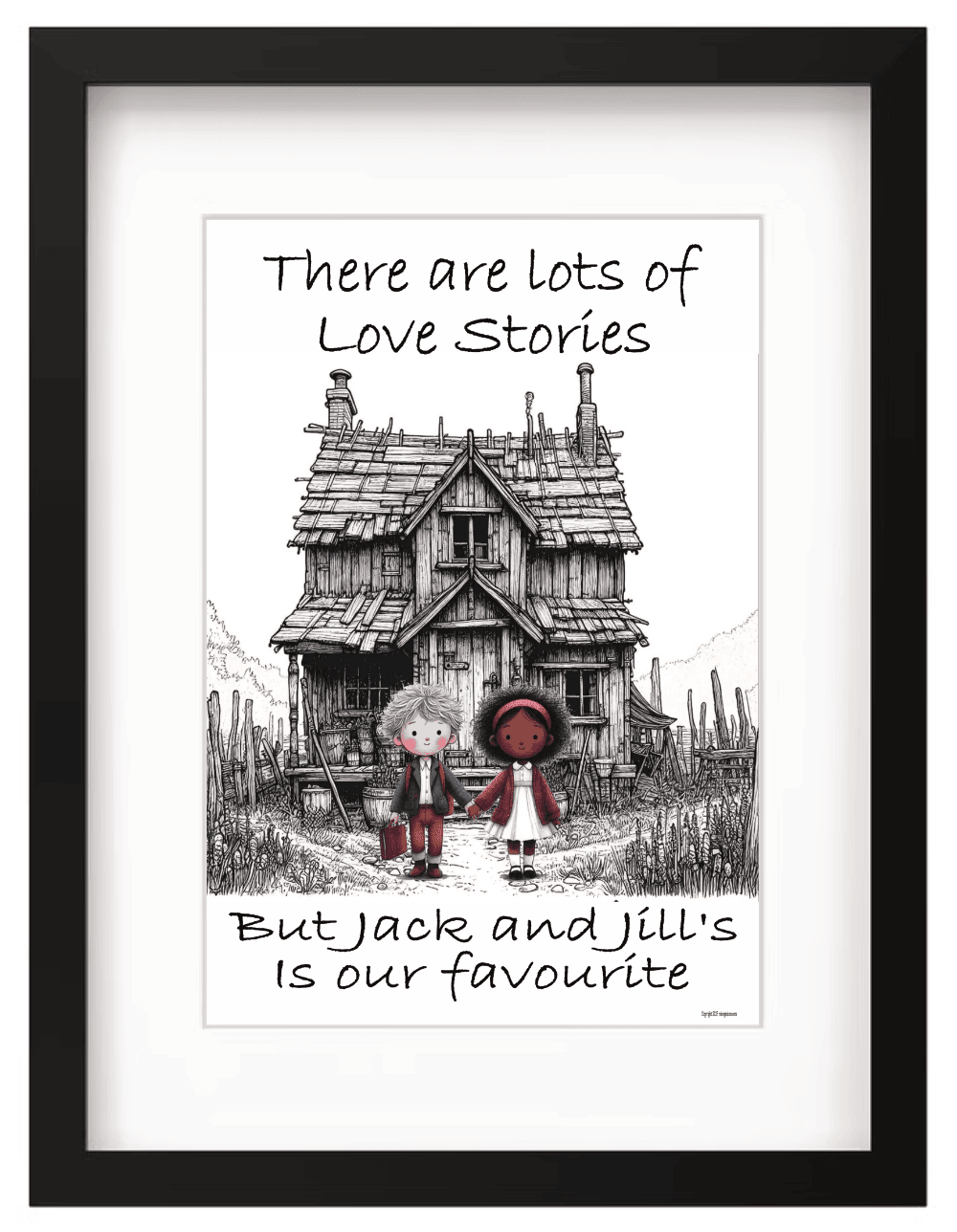 Illustration of couple named Jack and Jill with a house and text about love stories.