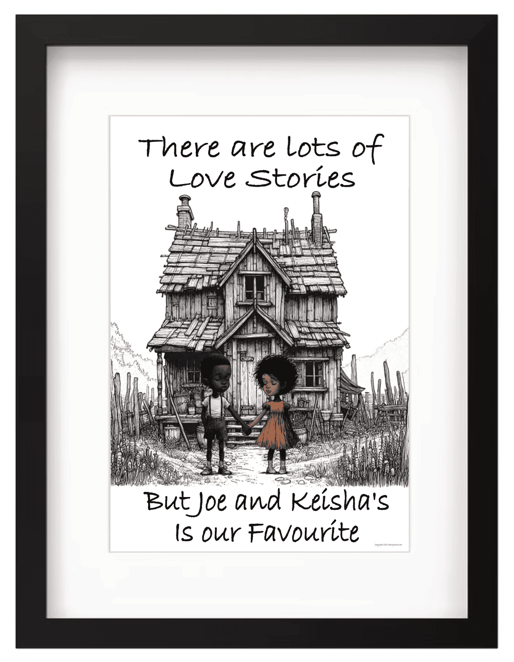 Illustration of a black couple holding hands in front of a house with text about love stories.