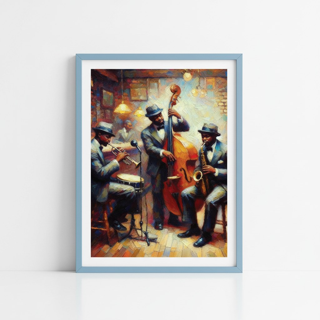 Jazz Band Art Print in Light Blue Frame
