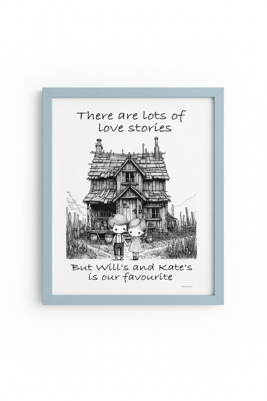 a blue picture frame containing an image of a boy and girl standing in front of a house with text about love