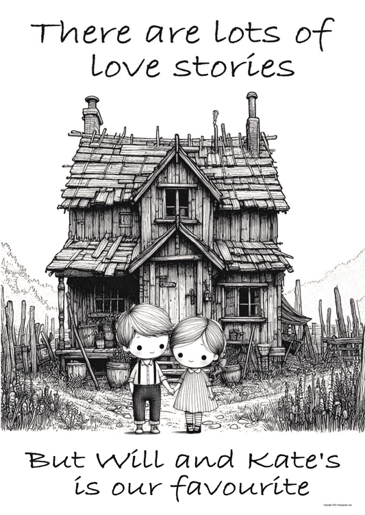 Picture of a couple holding hand in front of a house with text about love