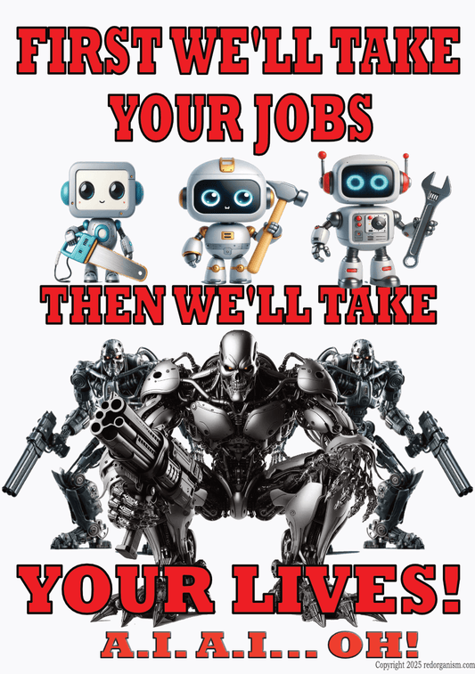 Robots with text 'First we'll take your jobs, then we'll take your lives!' on a white background