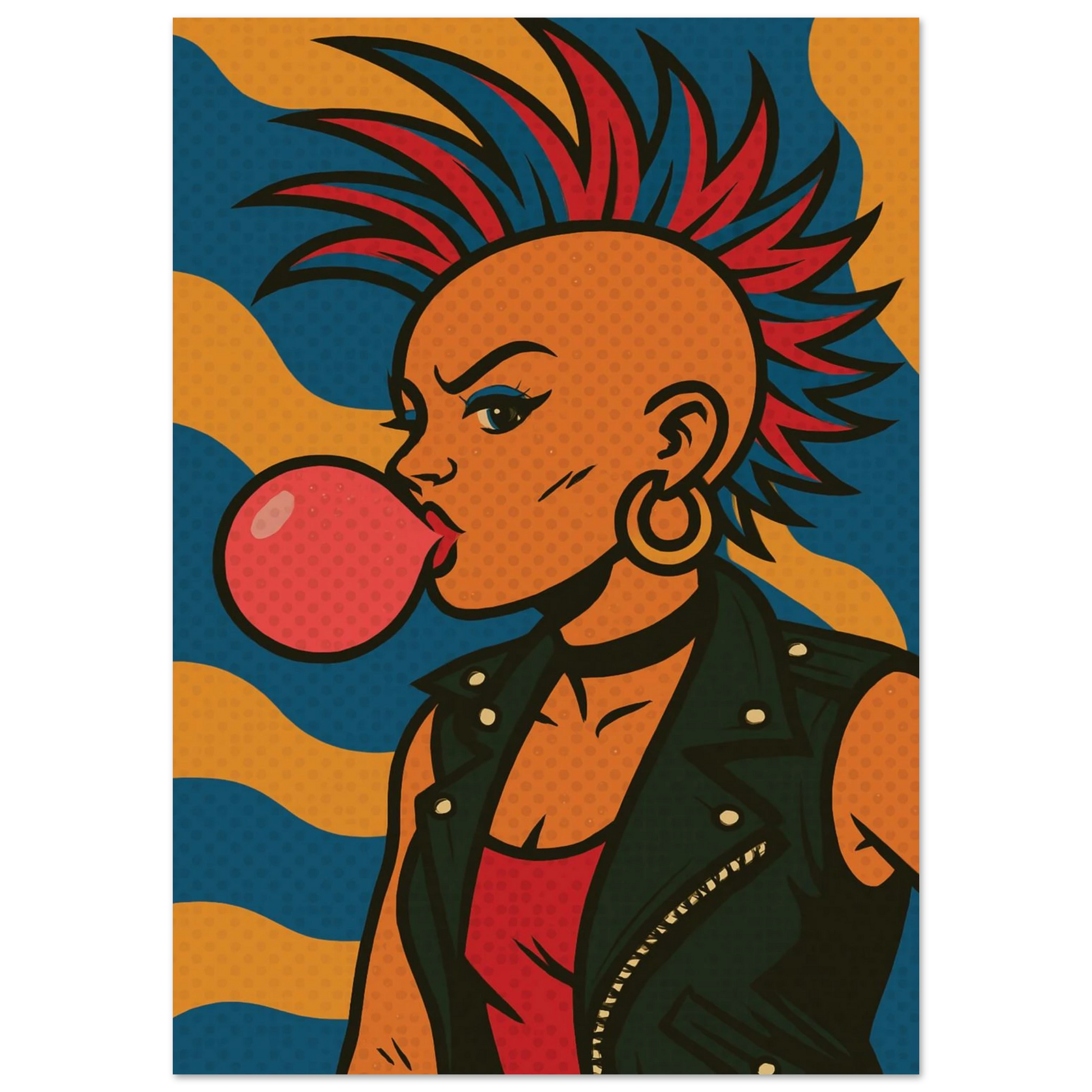 Illustration of a person with a mohawk blowing a bubble of gum against a colourful background