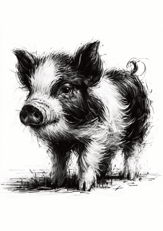 Black and white illustration of a pig