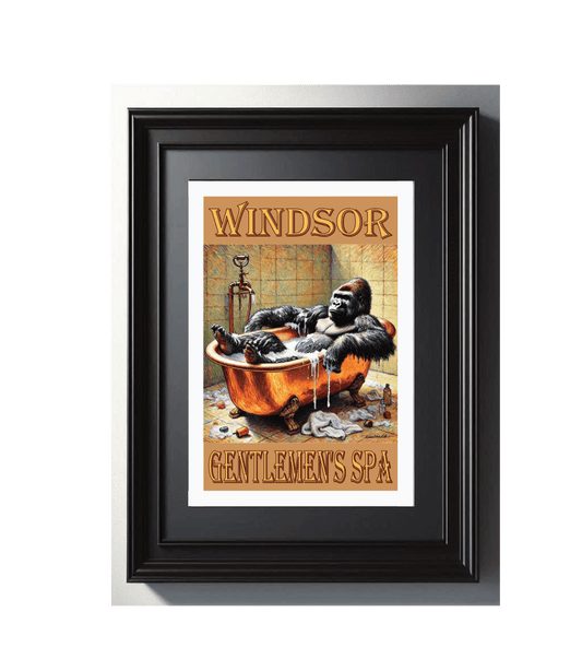 A framed art print of a cartoonish gorilla relaxing in a bathtub, with the text 'WINDSOR GENTLEMEN'S SPA' above it. The background is in shades of gold and brown, giving a warm tone to the image.