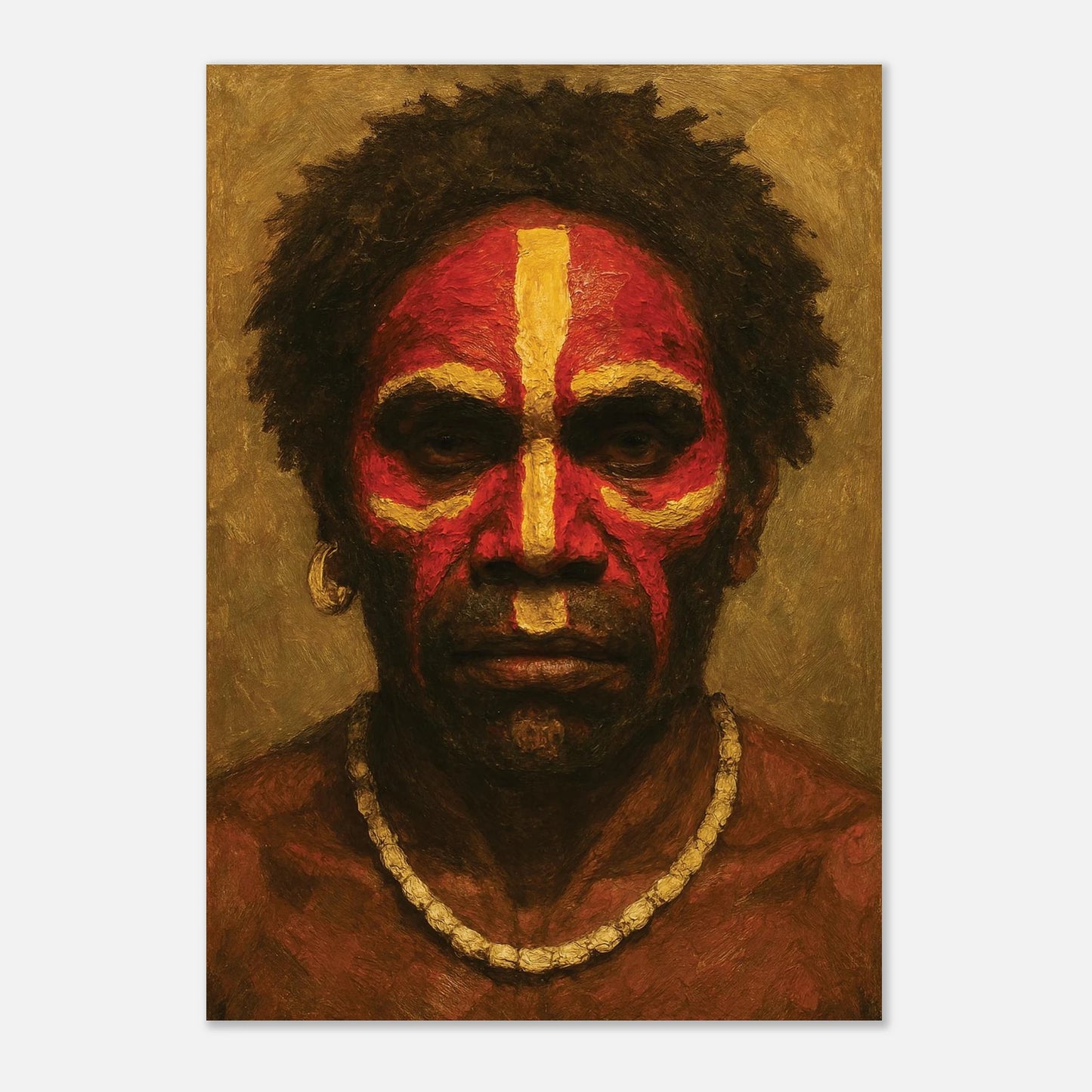 Artistic depiction of a person with red and yellow face paint on a textured brown background