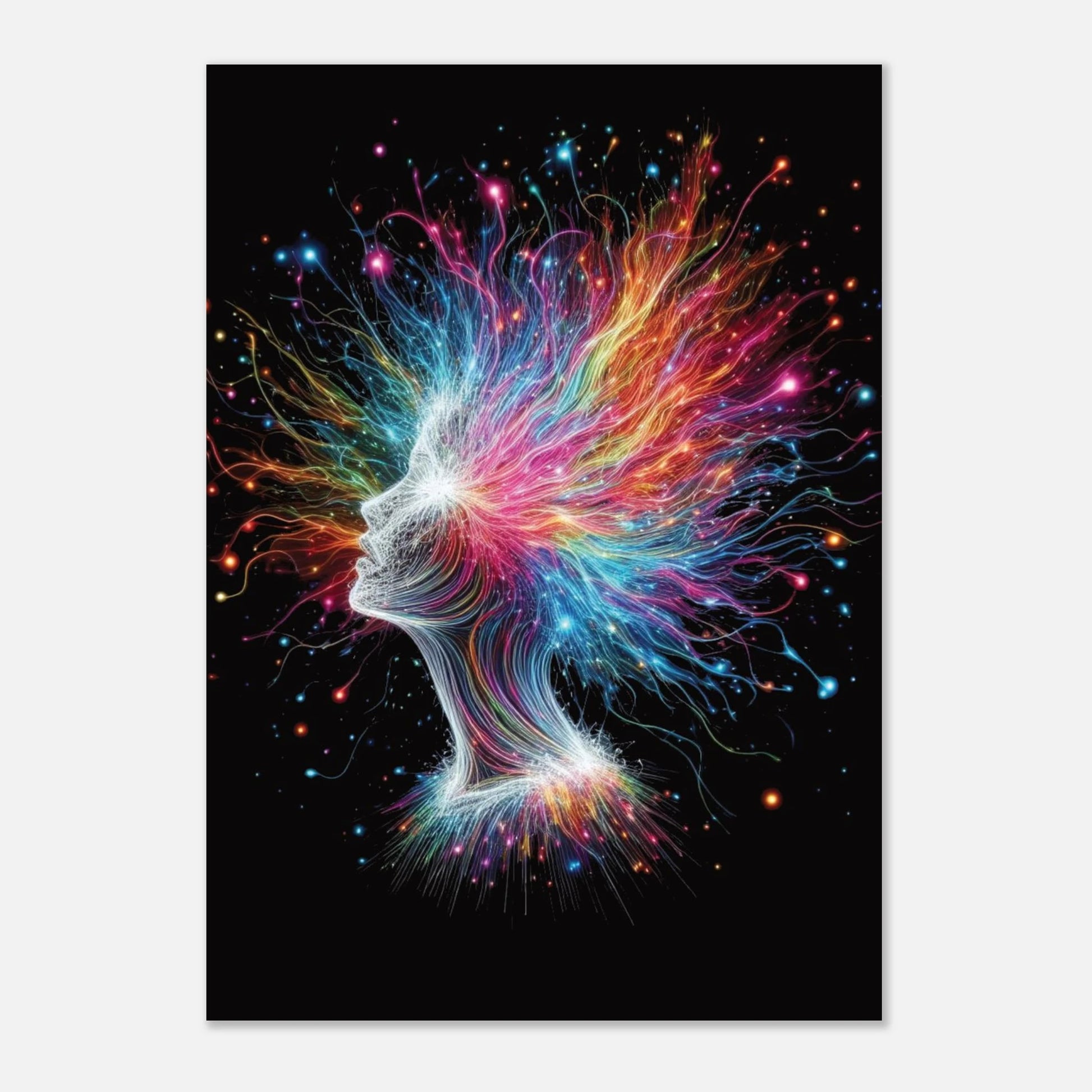 A colourful wall art print of neon lights emanating like a galaxy from a woman's head