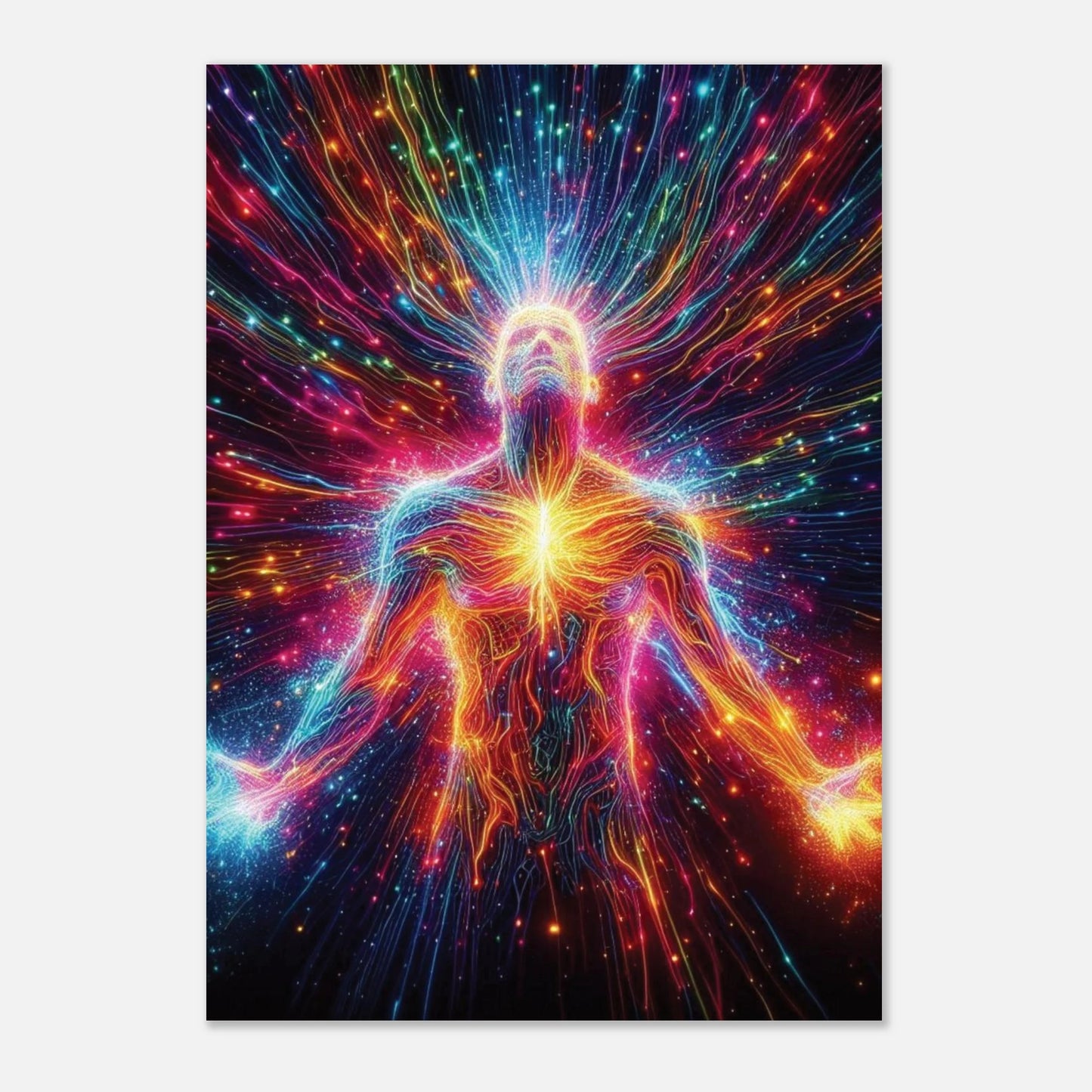 Colourful abstract design of a human figure with radiant energy beams on a white background