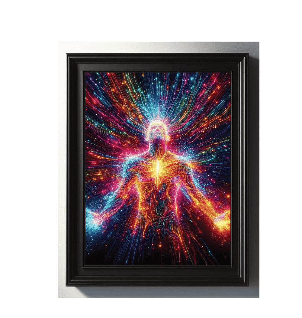 Framed artwork of a colorful abstract design with a human figure at the center.