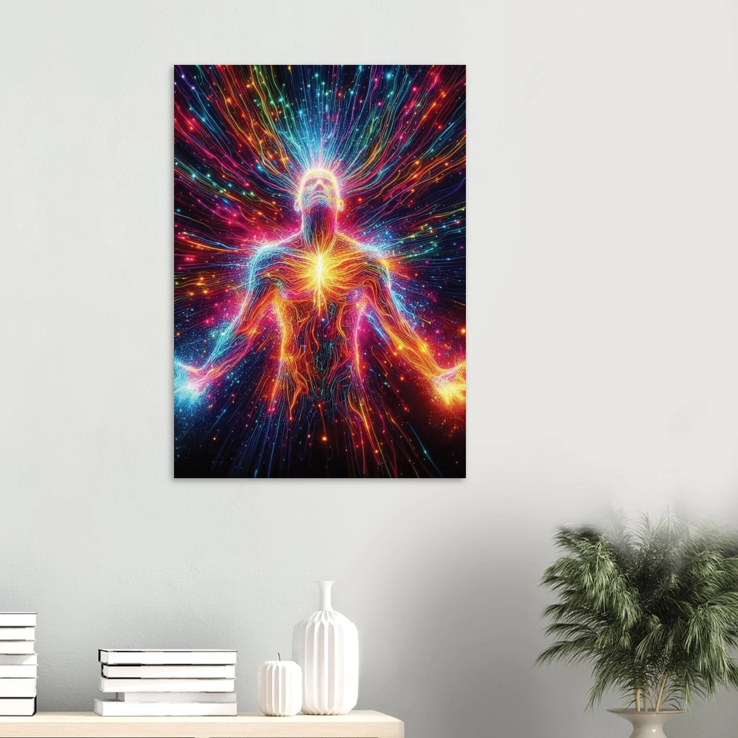 Colorful abstract art of a human figure on a wall with decor items below.