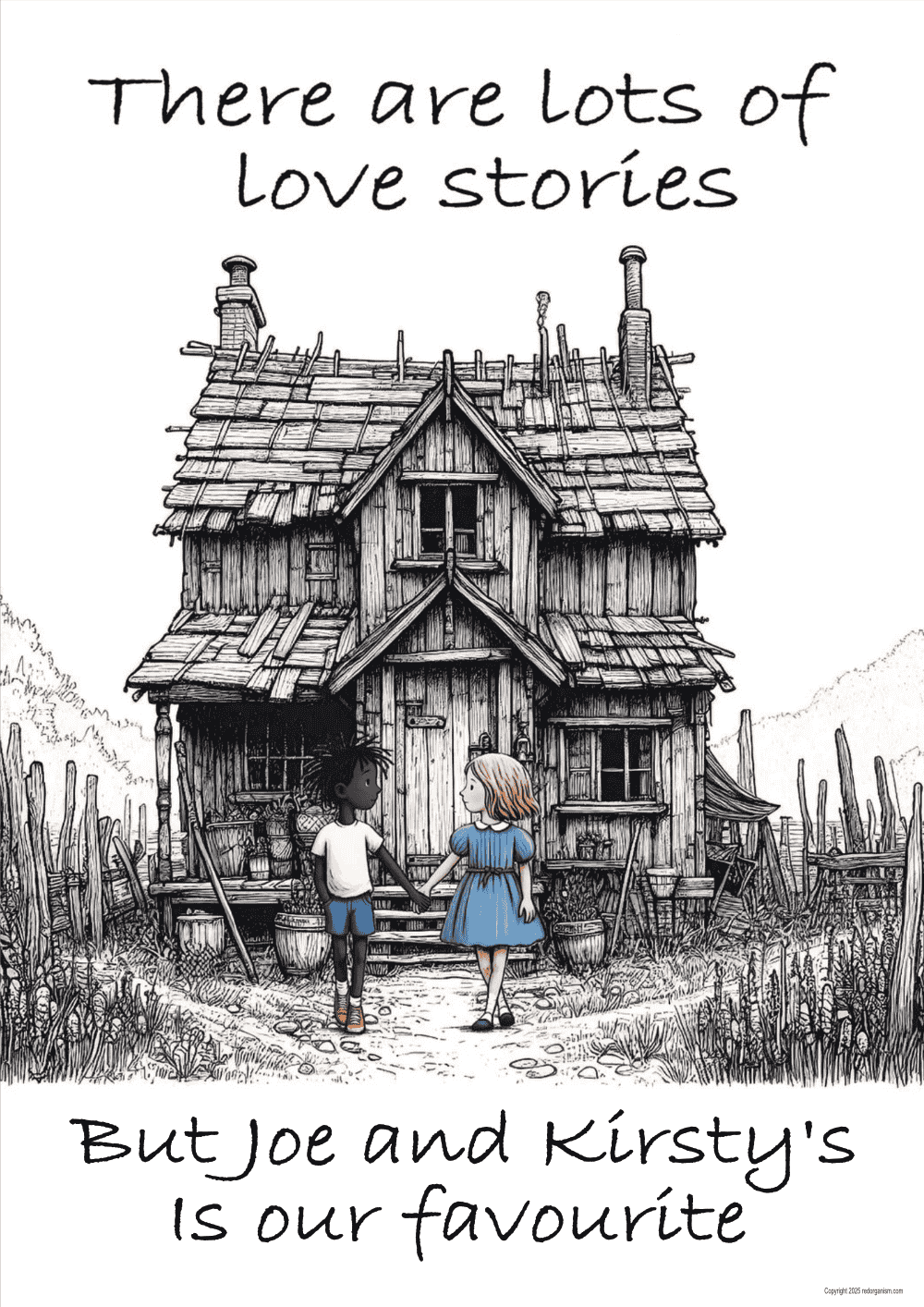 A picture of a mixed race couple in front of a house with text about love