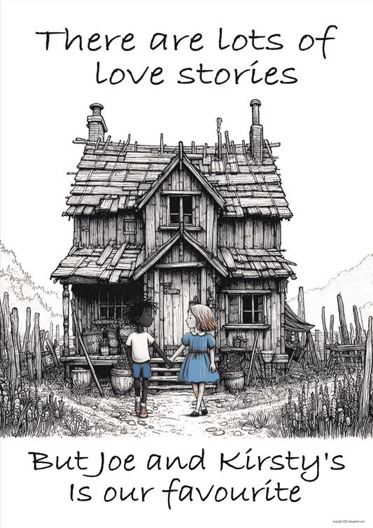 A picture of a mixed race couple in front of a house with text about love