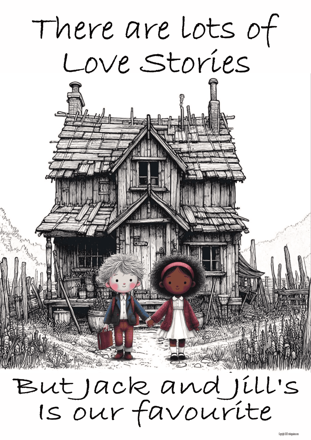 an image of a boy and girl holding hands in front of a house with text