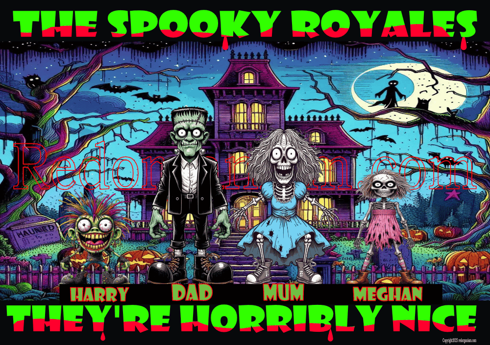 Image of a spooky house with ghoulish characters and text about family
