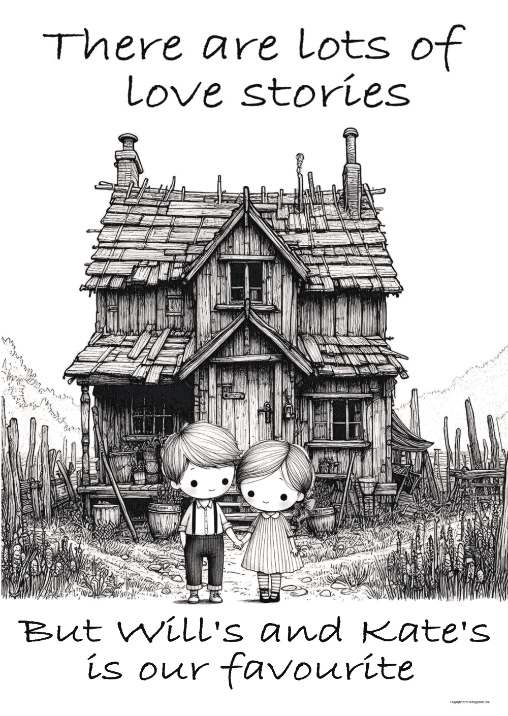 Illustration of a couple standing in front of a wooden house with text about love stories.