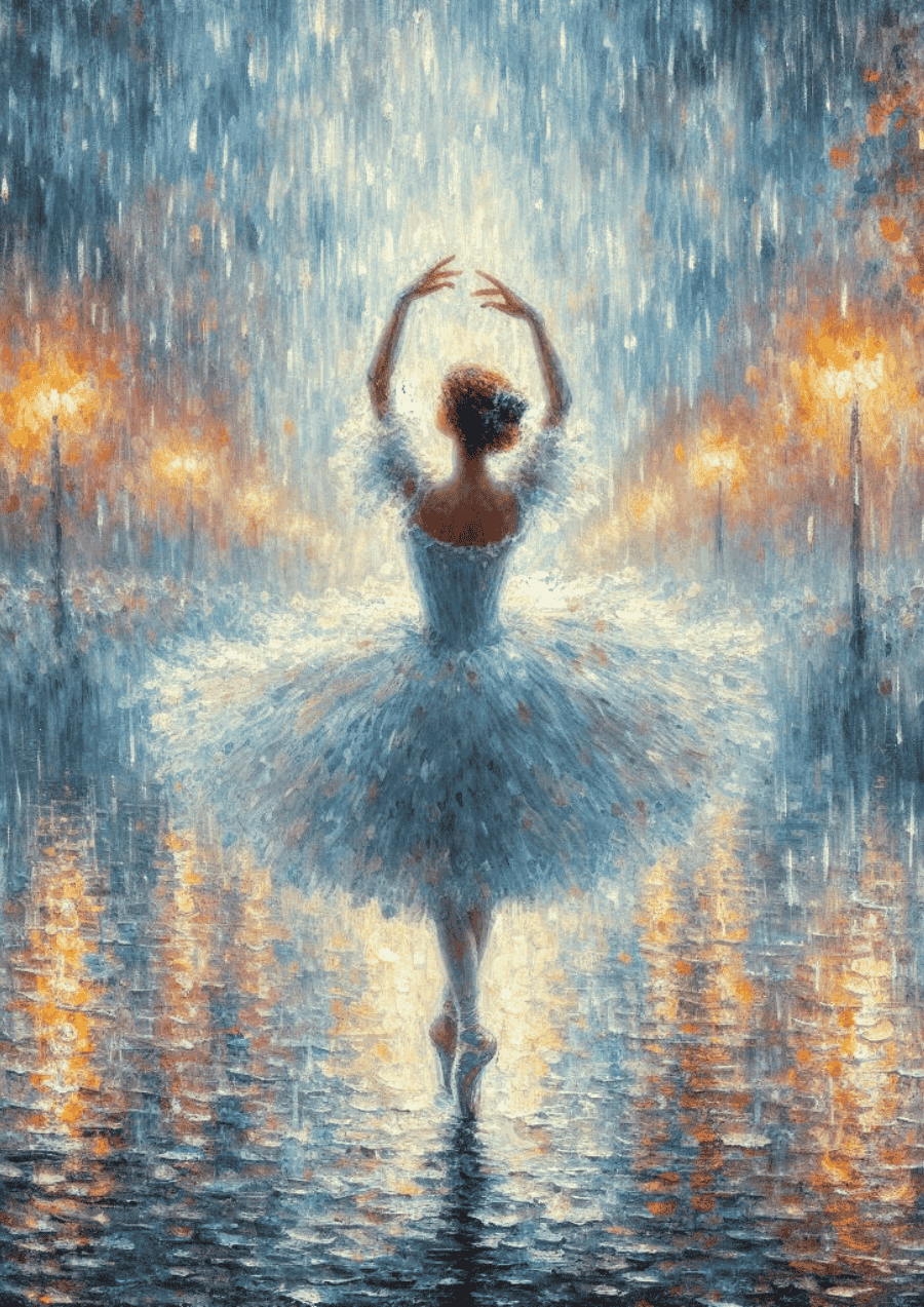 Dancer in a tutu performing in a rain-lit street with warm street lights.
