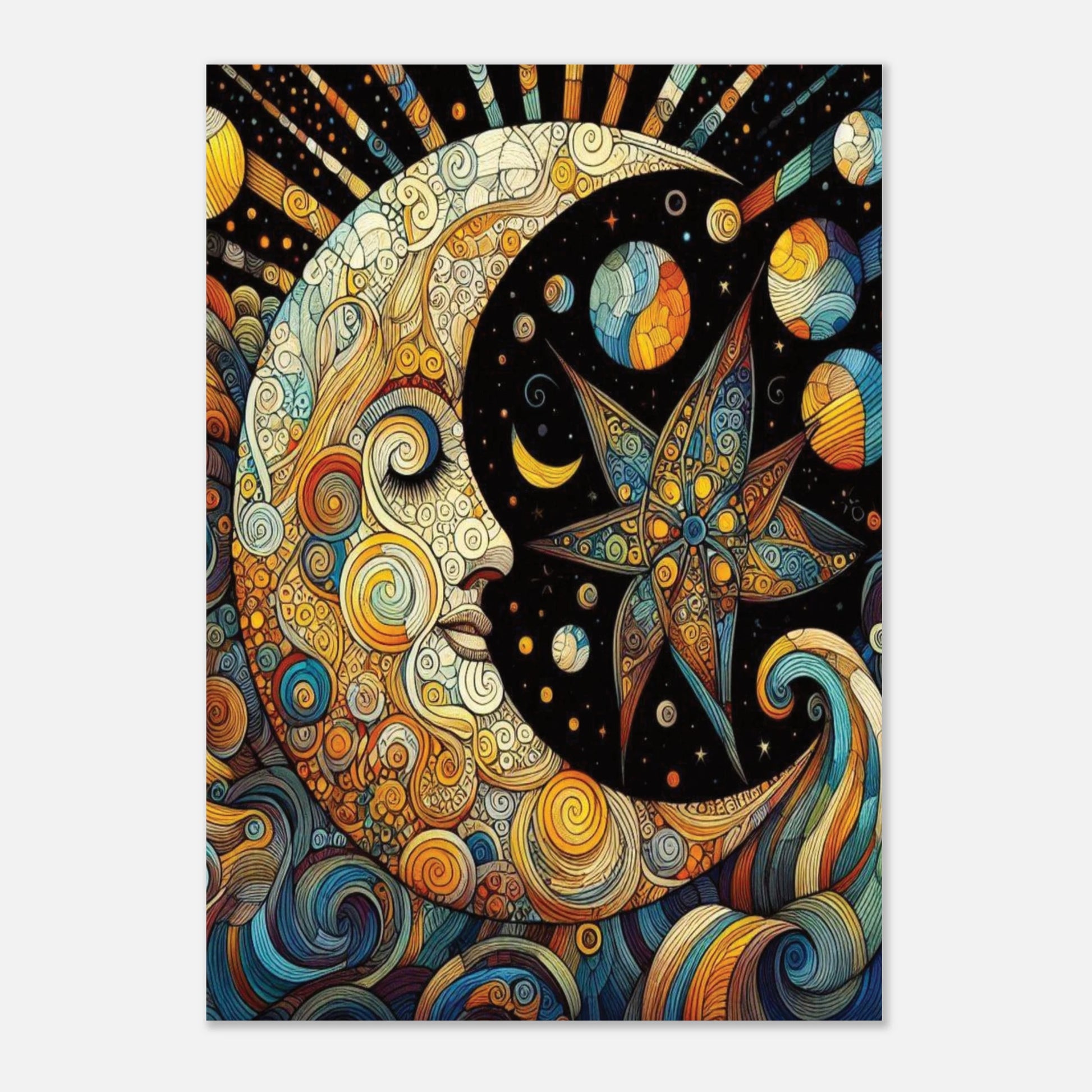 Colourful celestial design of  a sleeping moon against a starry night sky.