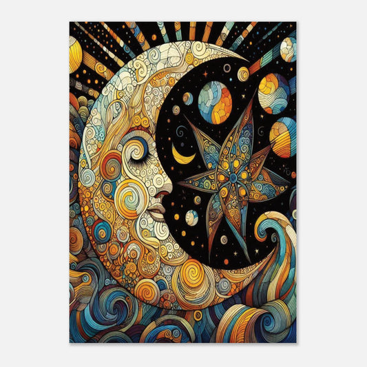 Colourful celestial design of  a sleeping moon against a starry night sky.