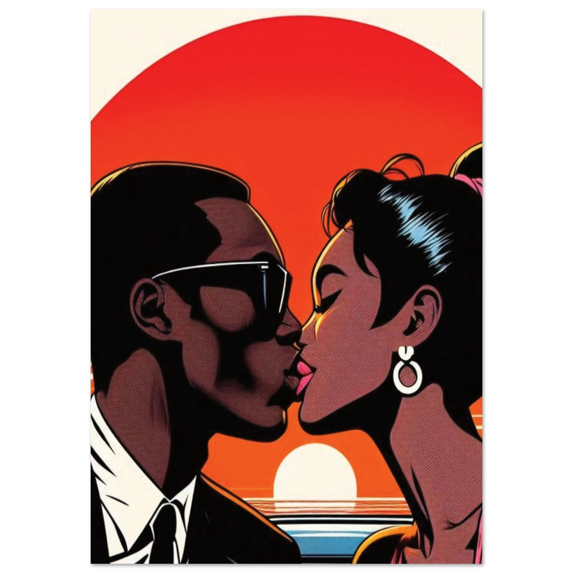 Illustration of a couple kissing with a sunset background