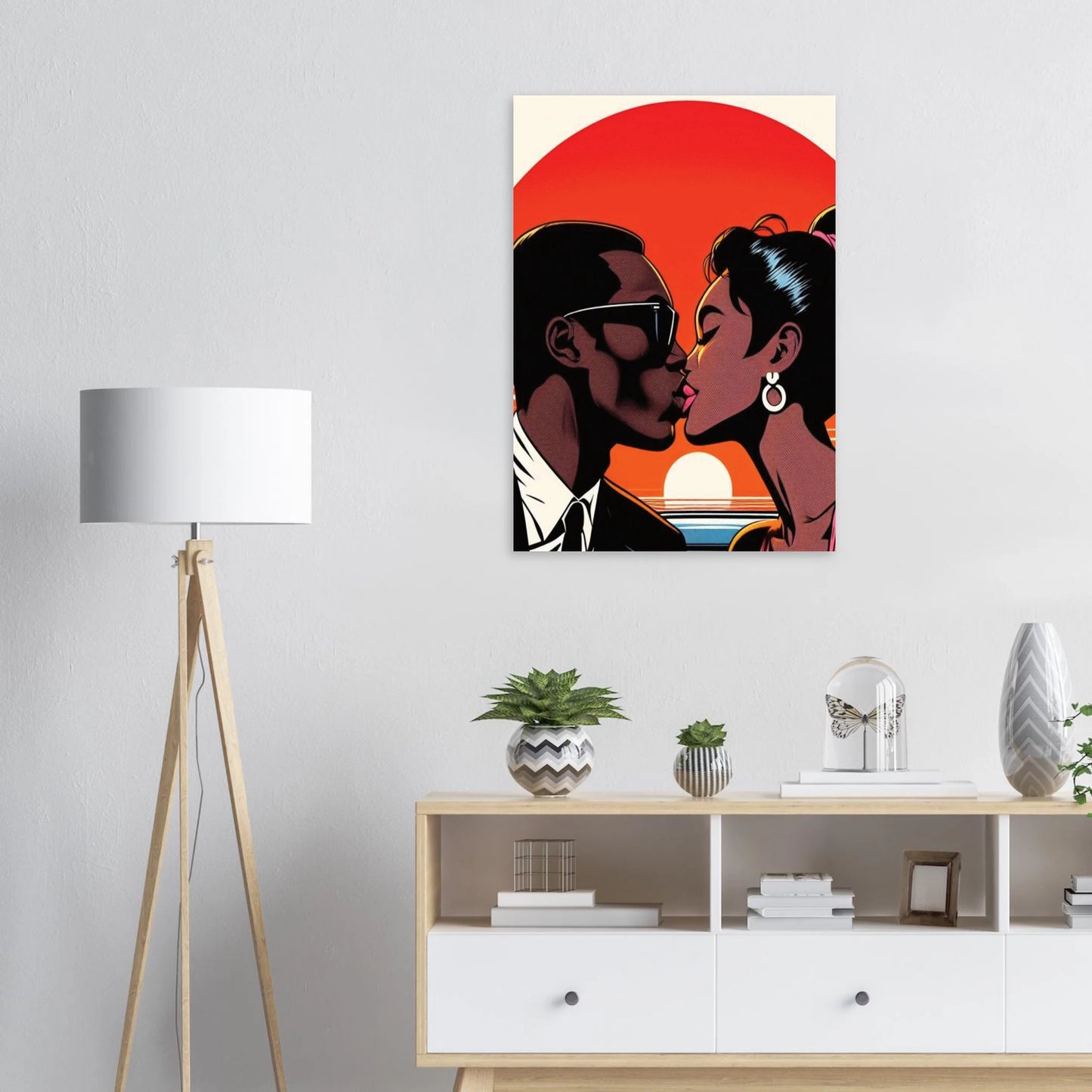 Modern interior with a painting of a couple kissing on the wall, a lamp, and a shelf with decorative items.