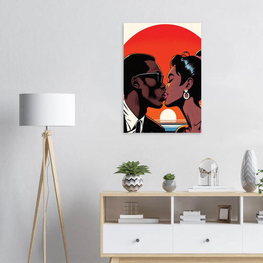 Modern interior with a painting of a couple kissing on the wall, a lamp, and a shelf with decorative items.