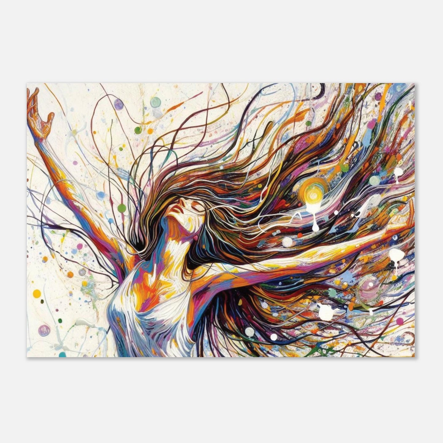 Transcendental wall art print featuring mystical woman with flowing hair and outstretched arms in spiritual movement pose with vibrant colours for modern home décor"
