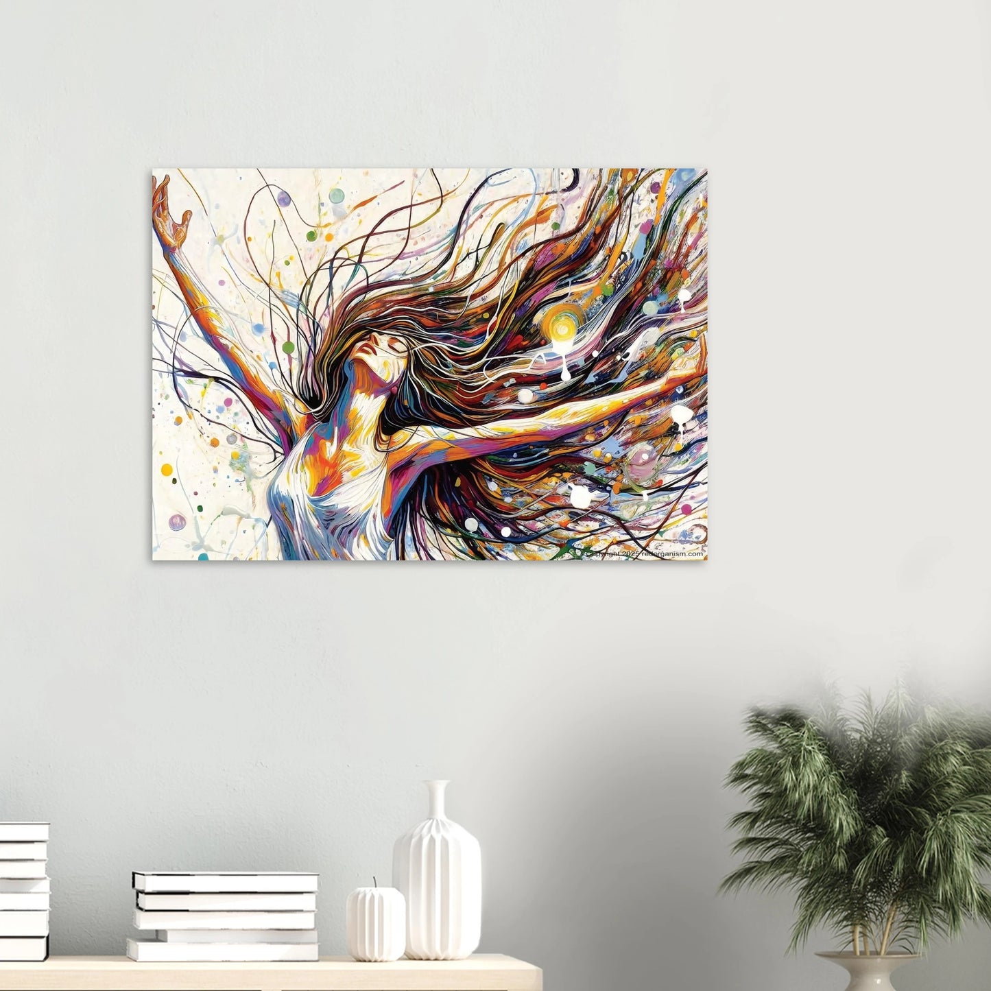 Close-up detail of transcendental spiritual art print showing ethereal figure in meditation pose with dynamic colour palette perfect for yoga studios and meditation spaces"