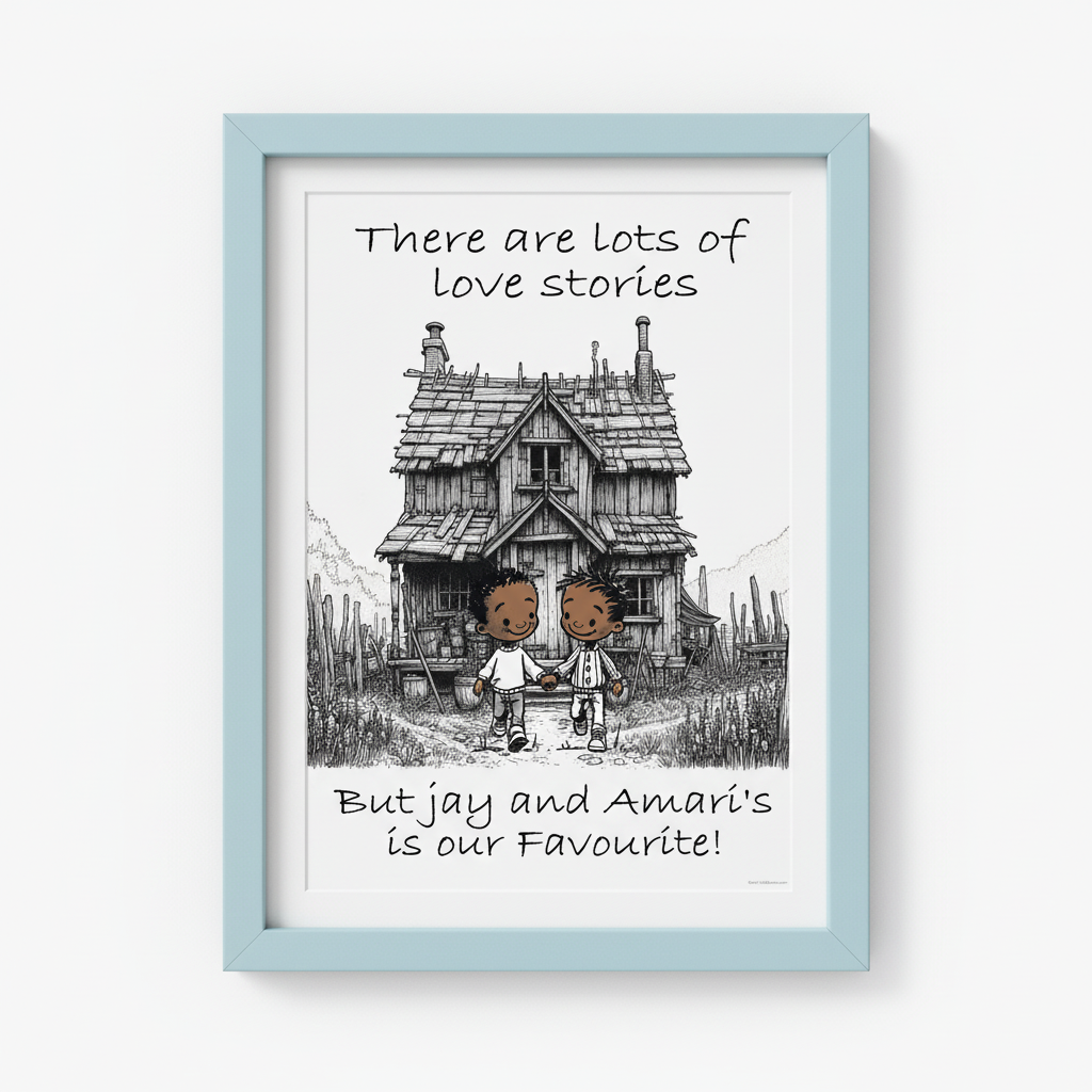 Black Gay Couple Wall Art in Light Blue Frame