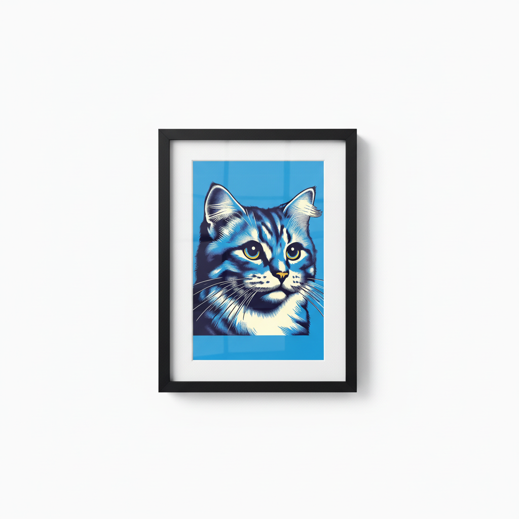 Blue Cat Warhol Art in Black Frame