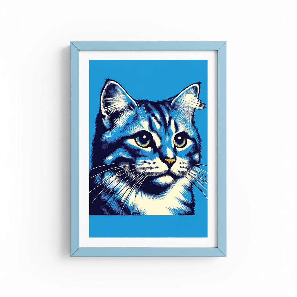 Blue Cat Warhol Art in Light Blue Frame