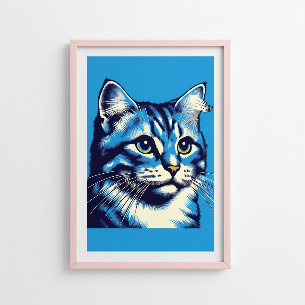 Blue Cat Warhol Art in Pink Frame