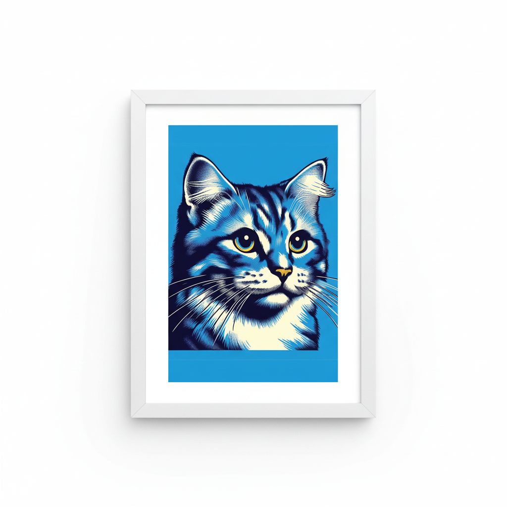 Blue Cat Warhol Art in White Frame