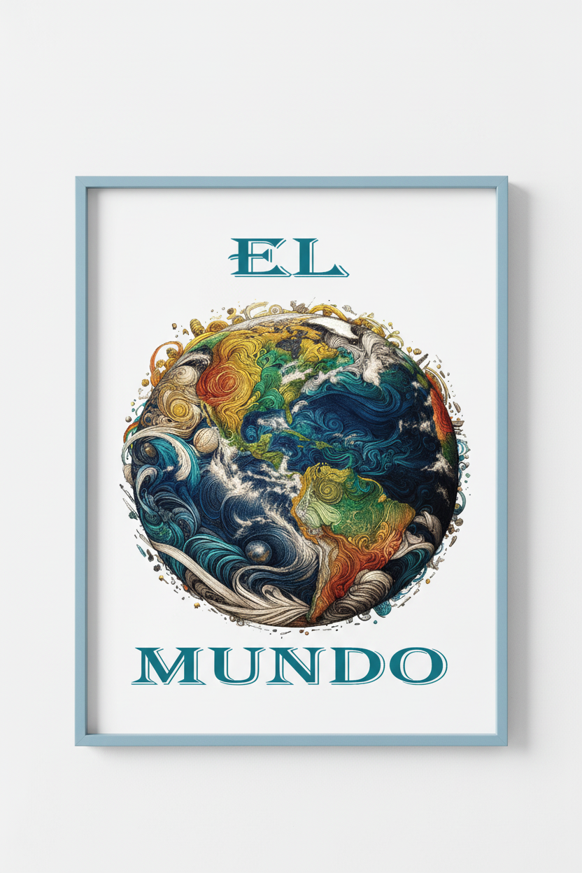 El Mundo Art Print in Light Blue Frame - Vertical