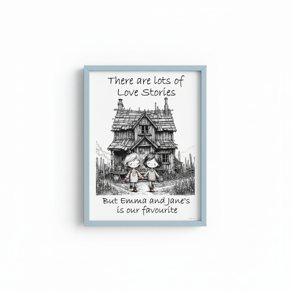 Female Couple Wall Art in Light Blue Frame