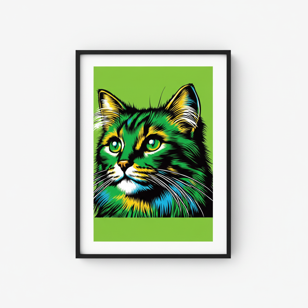 Green Cat Art Print in Black Frame