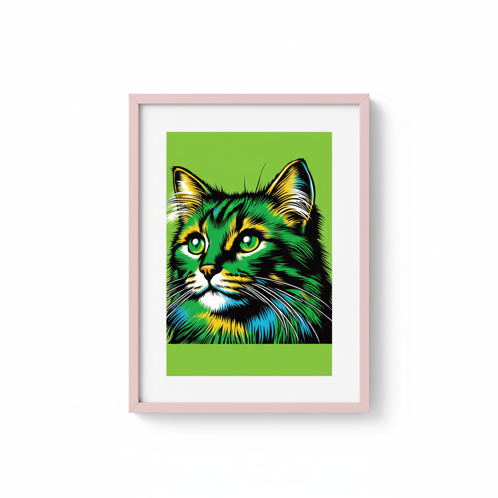 Green Cat Art Print in Pink Frame