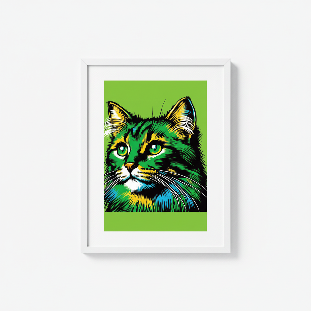 Green Cat Art Print in White Frame