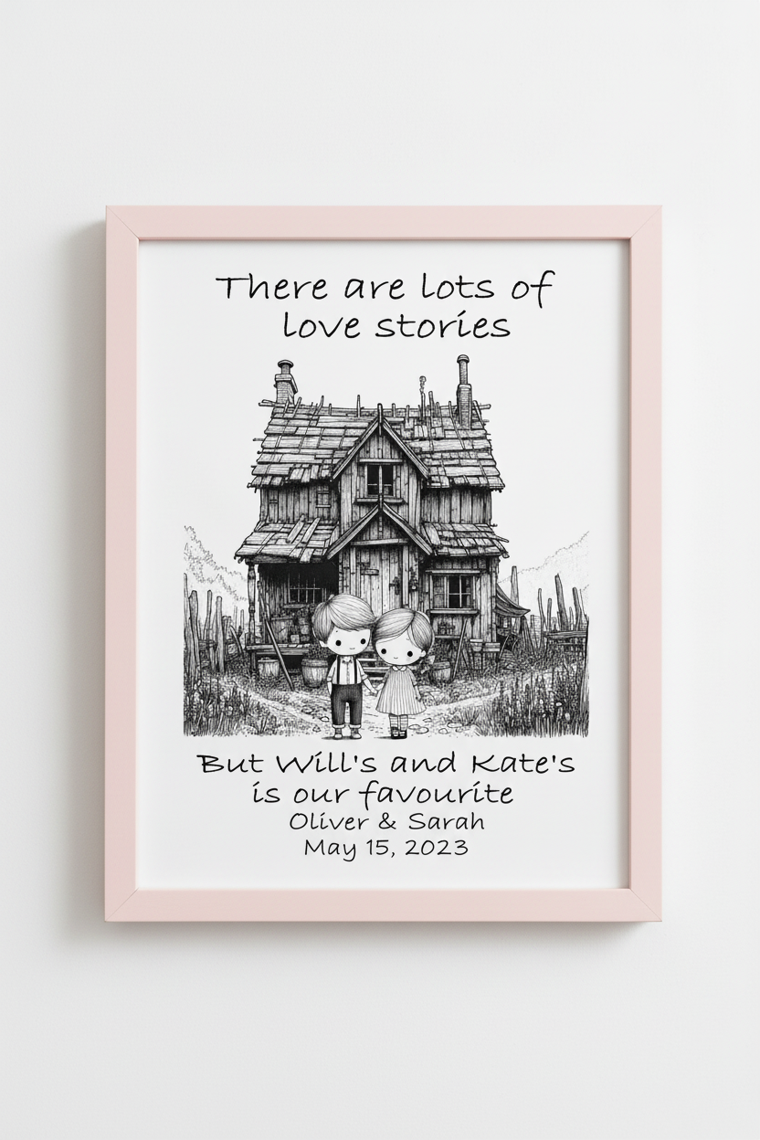 Personalised Couple Wall Art in Pink Frame - Vertical