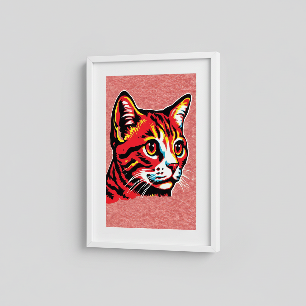 Red Cat Wall Art in White Frame