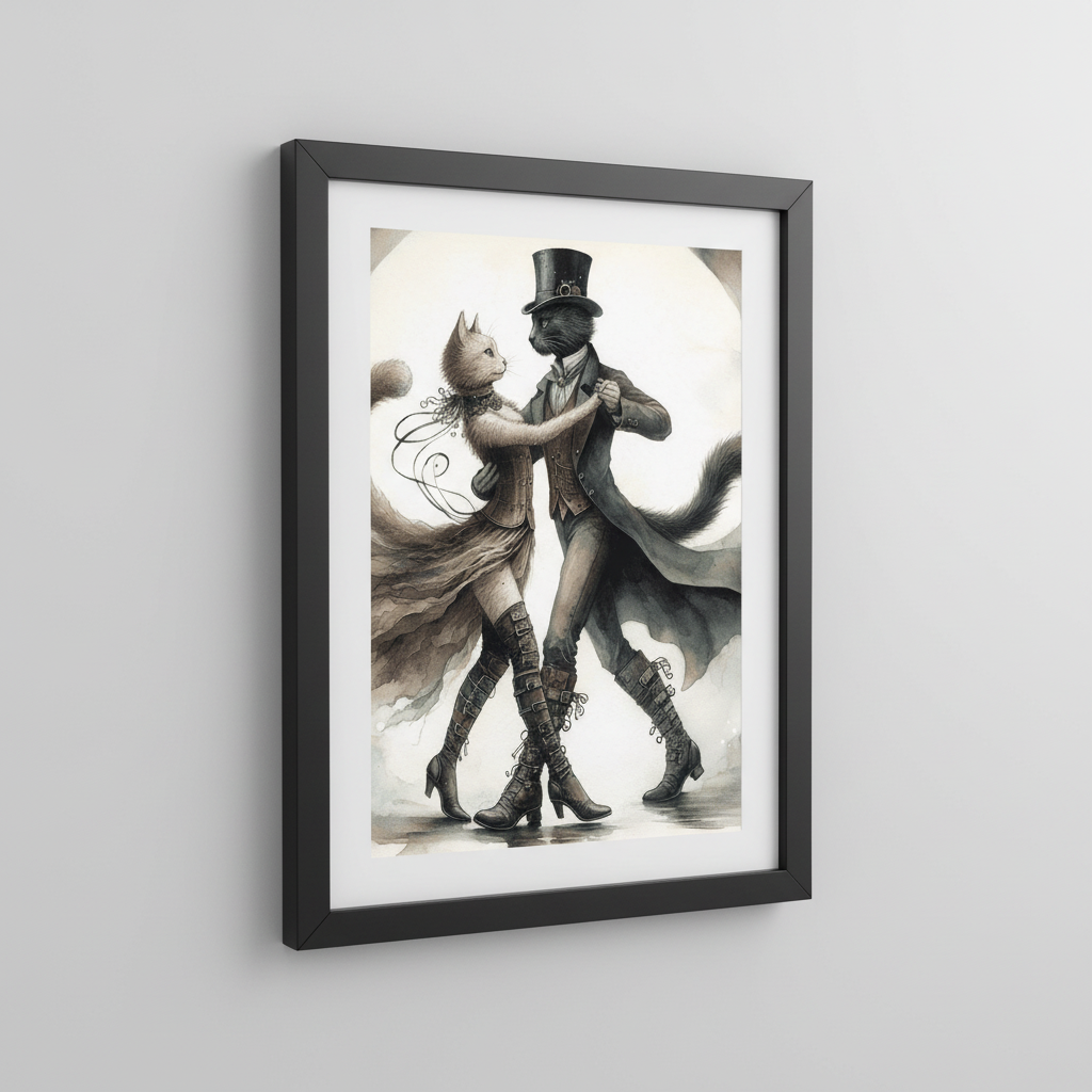 Steampunk Cats Wall Art in Black Frame