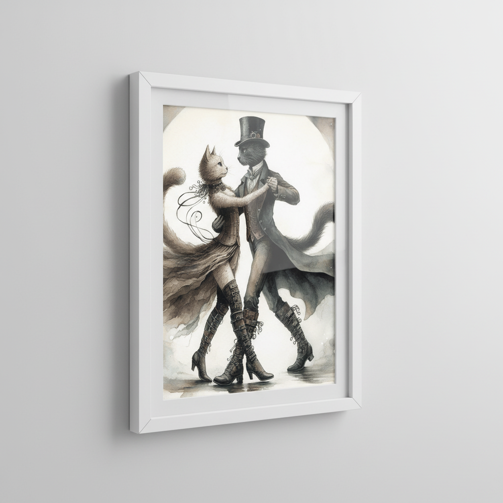 Steampunk Cats Wall Art in White Frame