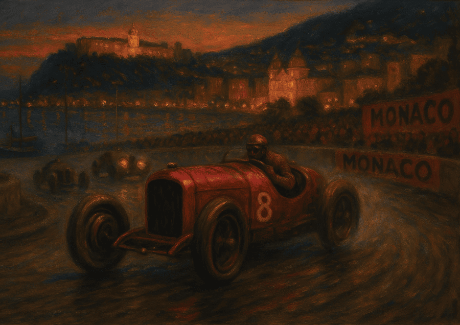 Vintage race car on a track with Monaco sign and castle in the background