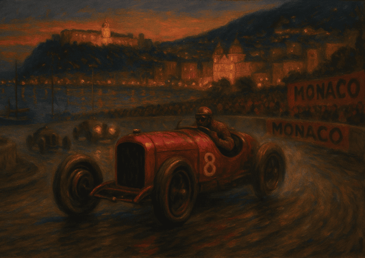 Vintage race car on a track with Monaco sign and castle in the background